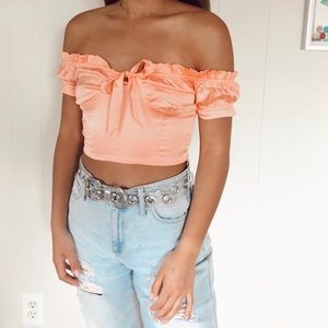 Pink Off-The-Shoulder Shiny Crop Top